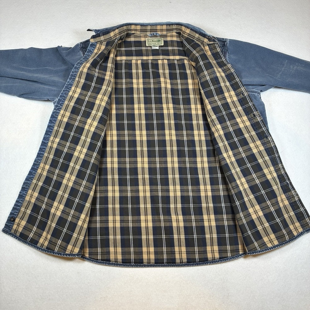Vintage L.L. Bean Men's 2XL Denim Flannel Lined Shirt Jacket Distressed READ - Picture 4 of 16
